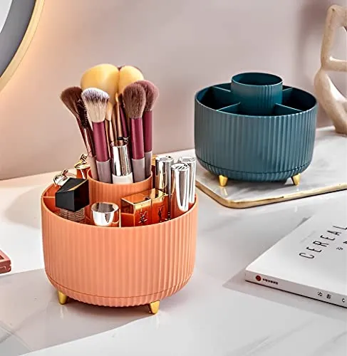 360° Rotating Makeup Brush Holder Organizer, Cosmetic Display Case Makeup Lip Gloss Organizer Cup with 5 Slots for Vanity, Nail Polish, Perfume, Bathroom, Container Counter Organizer (White)