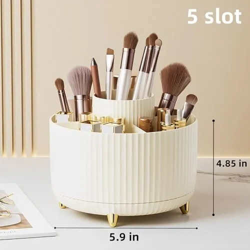 360° Rotating Makeup Brush Holder Organizer, Cosmetic Display Case Makeup Lip Gloss Organizer Cup with 5 Slots for Vanity, Nail Polish, Perfume, Bathroom, Container Counter Organizer (White)