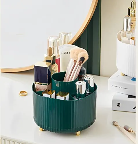 360° Rotating Makeup Brush Holder Organizer, Cosmetic Display Case Makeup Lip Gloss Organizer Cup with 5 Slots for Vanity, Nail Polish, Perfume, Bathroom, Container Counter Organizer (White)