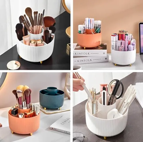 360° Rotating Makeup Brush Holder Organizer, Cosmetic Display Case Makeup Lip Gloss Organizer Cup with 5 Slots for Vanity, Nail Polish, Perfume, Bathroom, Container Counter Organizer (White)