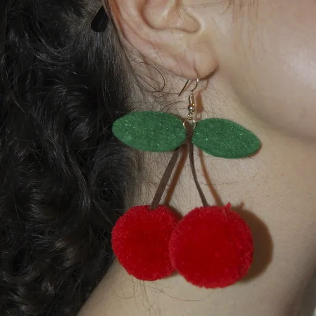 A SHOP OF THINGS POM POM CHERRY EARRINGS
