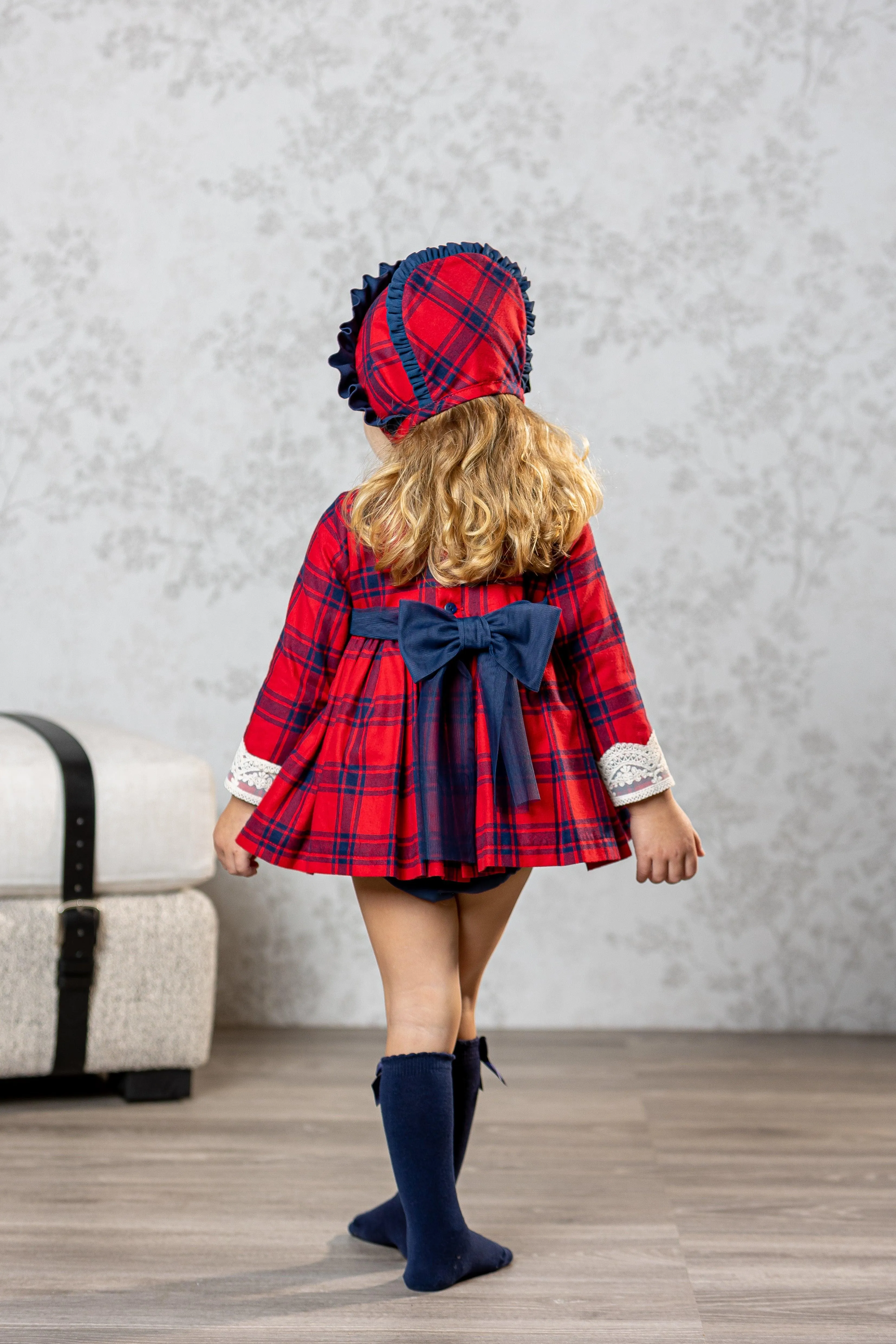 Abuela Tata AW24 - Baby Girls Red & Navy Check Dress, Knickers and Bonnet