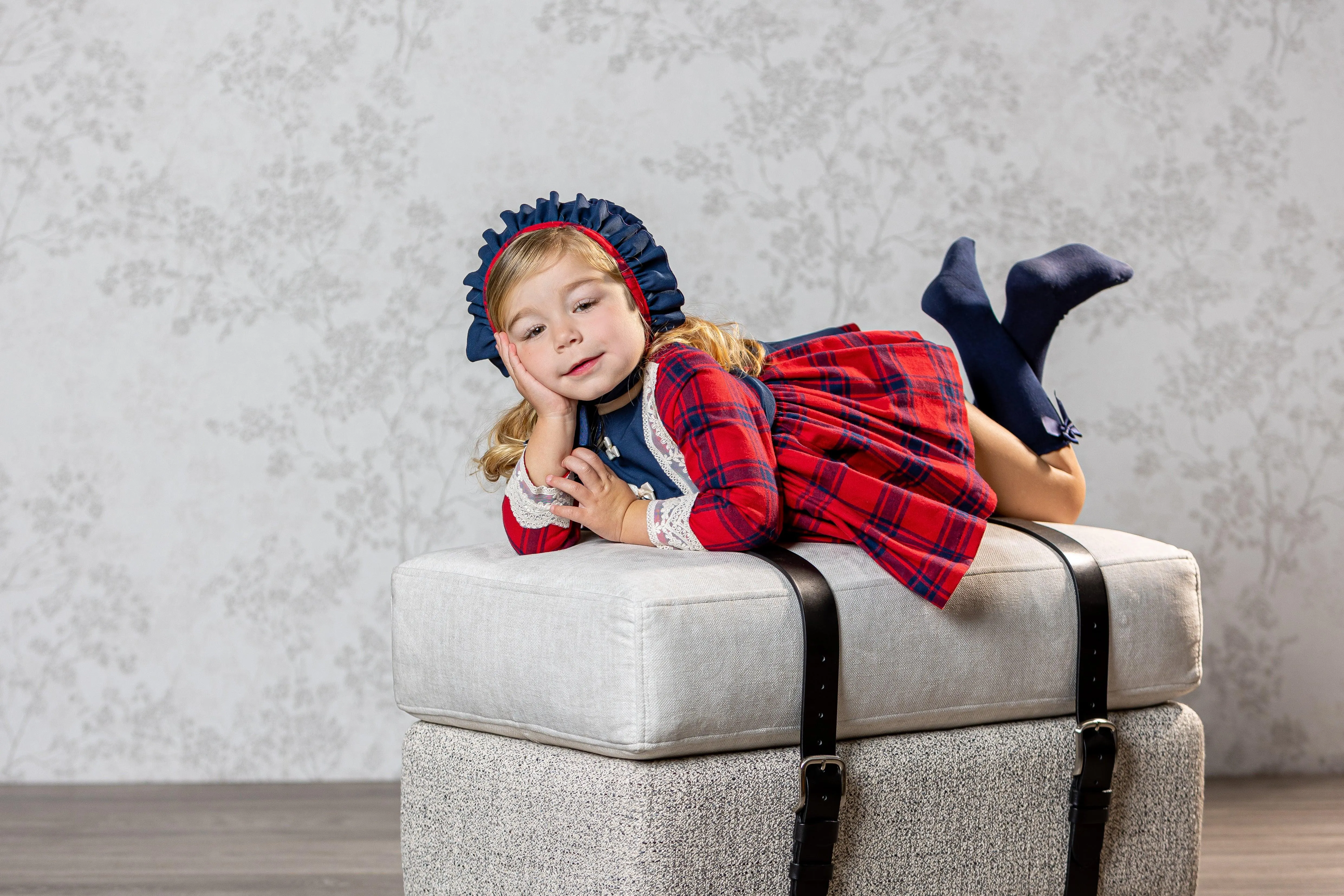 Abuela Tata AW24 - Baby Girls Red & Navy Check Dress, Knickers and Bonnet