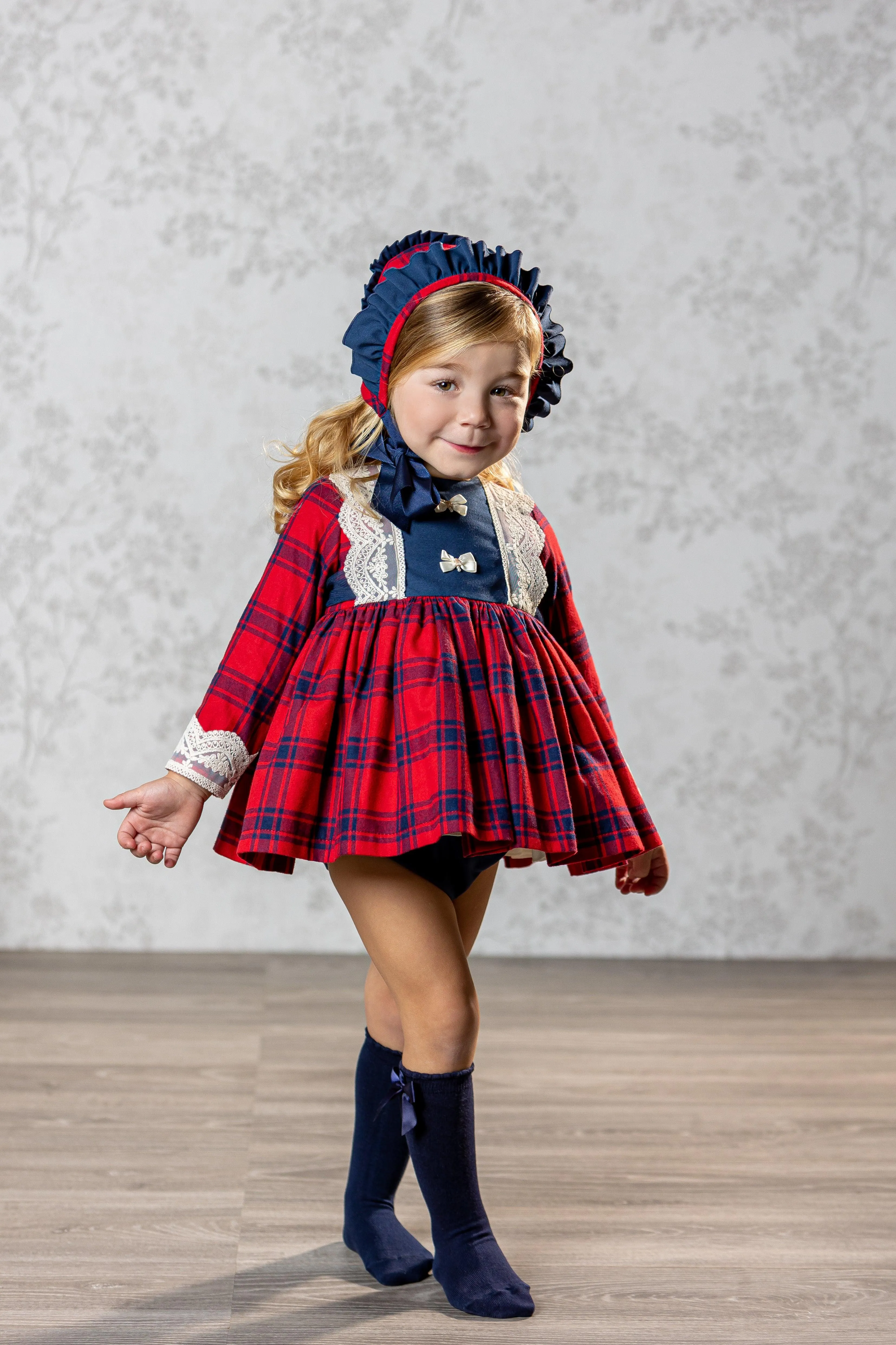 Abuela Tata AW24 - Baby Girls Red & Navy Check Dress, Knickers and Bonnet