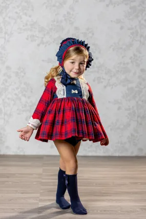 Abuela Tata AW24 - Baby Girls Red & Navy Check Dress, Knickers and Bonnet