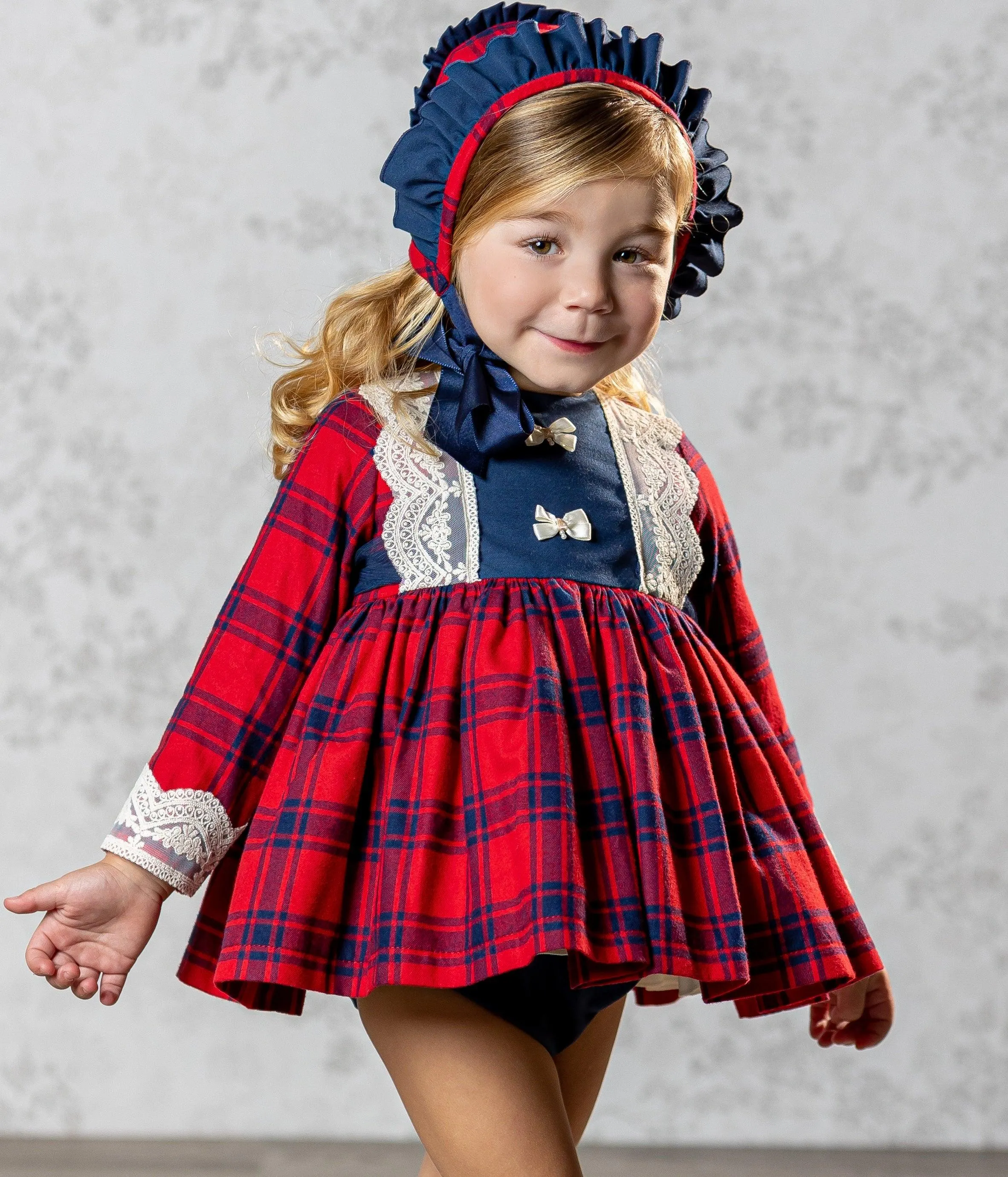 Abuela Tata AW24 - Baby Girls Red & Navy Check Dress, Knickers and Bonnet