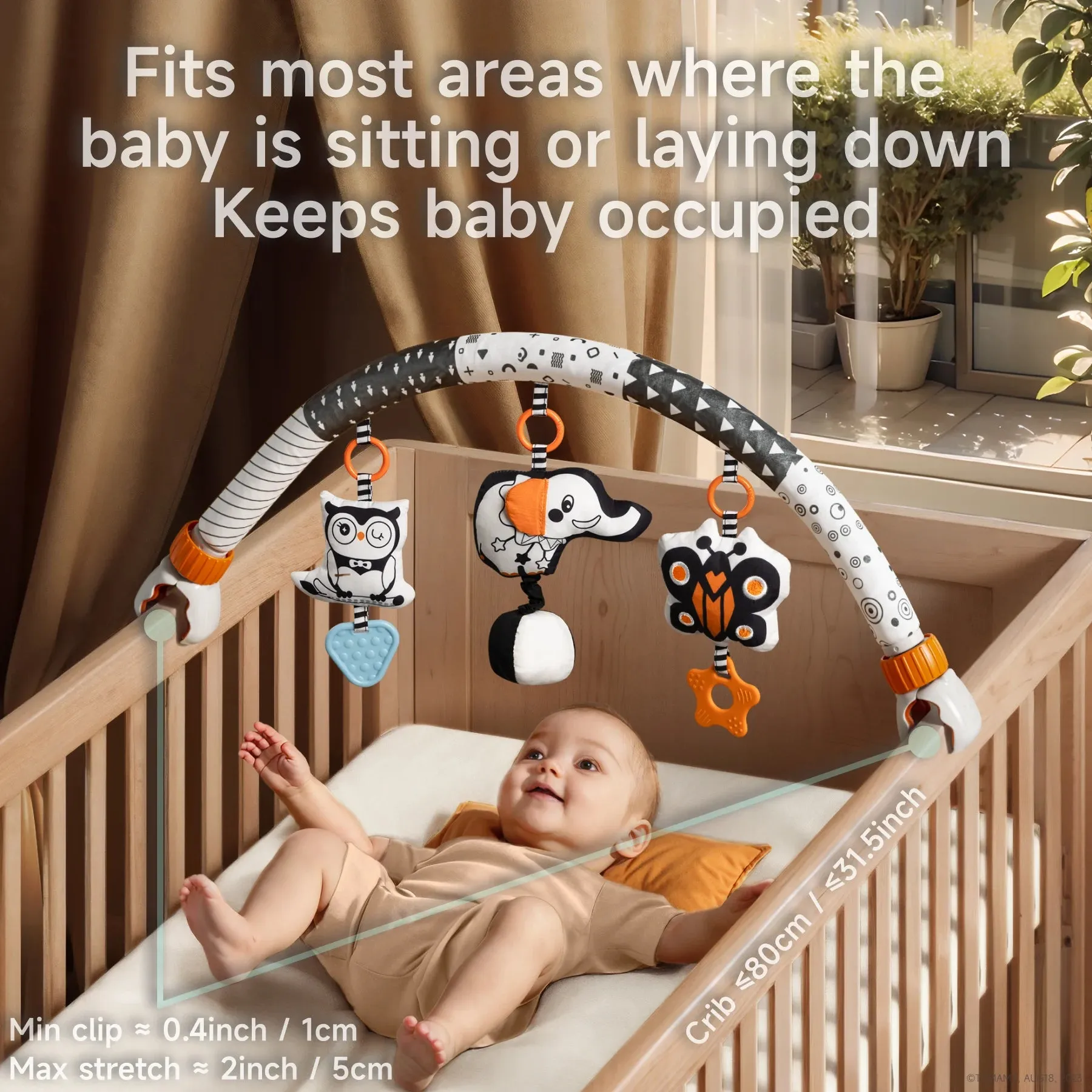 Baby stroller arch toy, portable baby mobile for bassinet car seat travel activity arch visual black and white toy, butterfly elephant owl, for babies infant 0 Month 