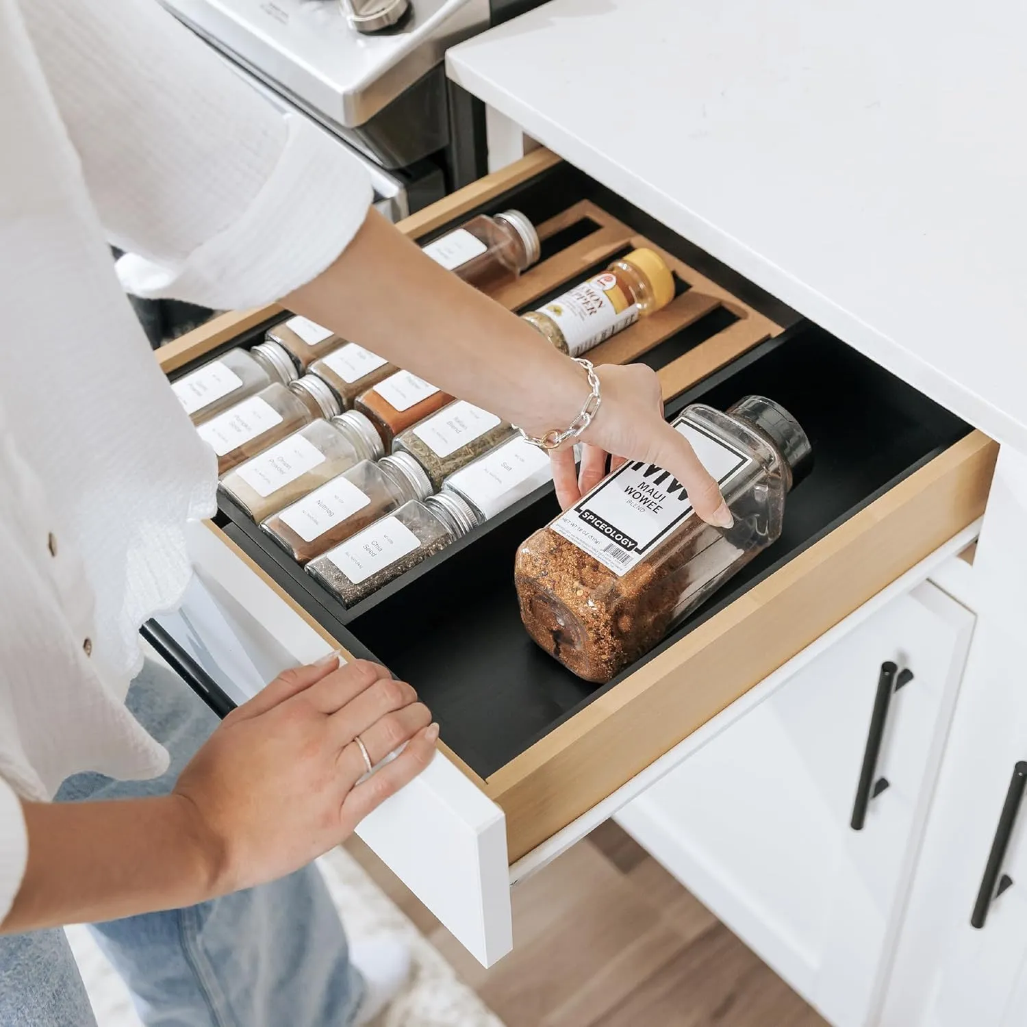 Bamboo Spice Drawer Organizer Black Finish (Expands 10.5 to 18.5 in)