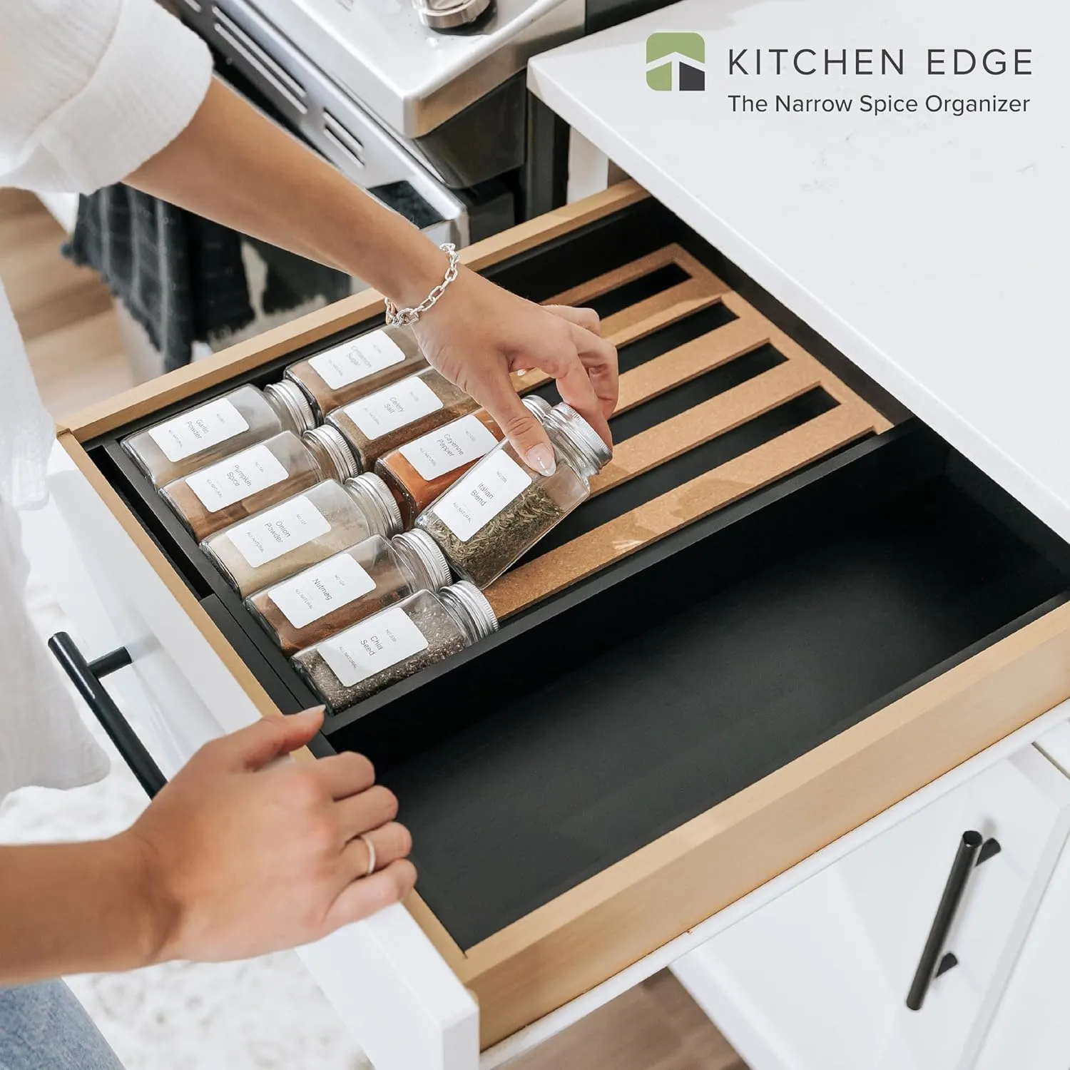 Bamboo Spice Drawer Organizer Black Finish (Expands 10.5 to 18.5 in)