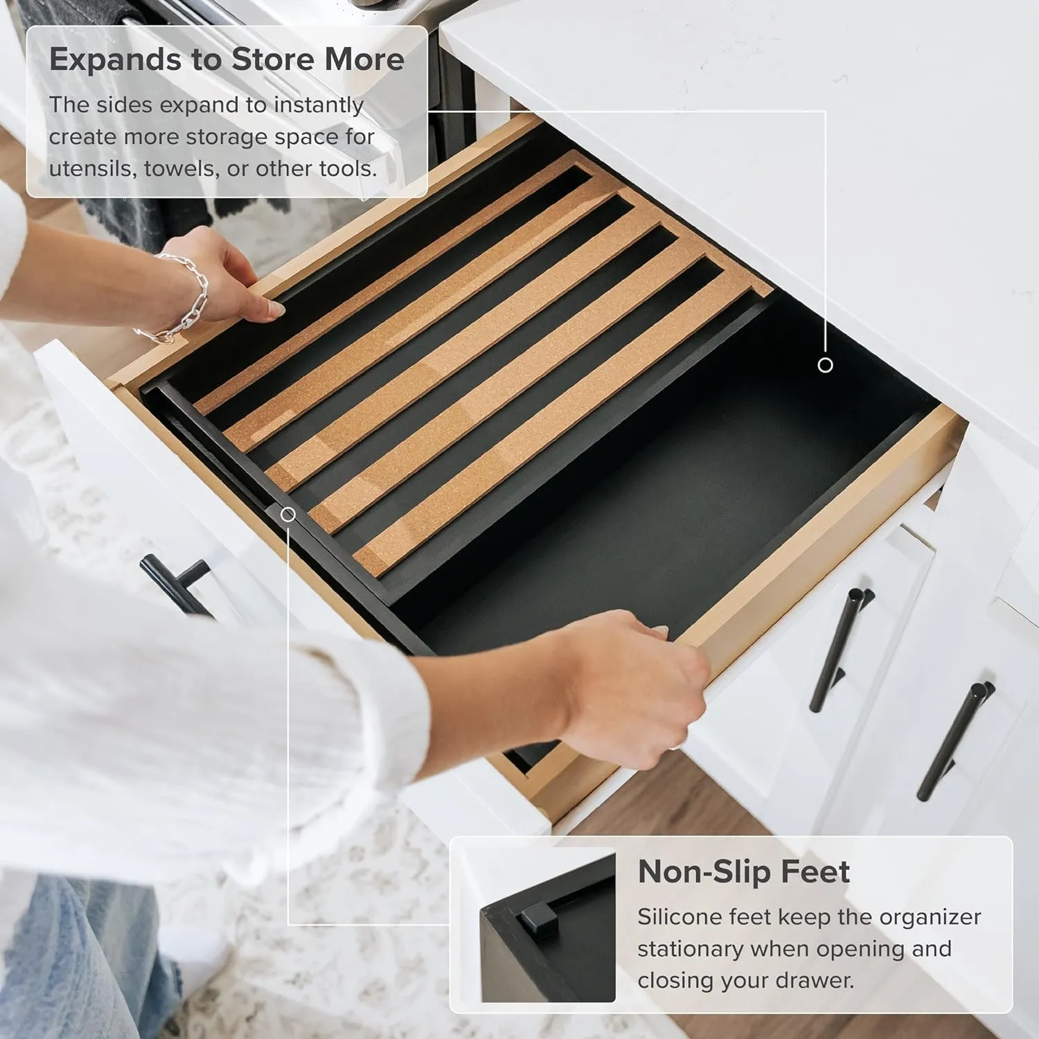 Bamboo Spice Drawer Organizer Black Finish (Expands 10.5 to 18.5 in)