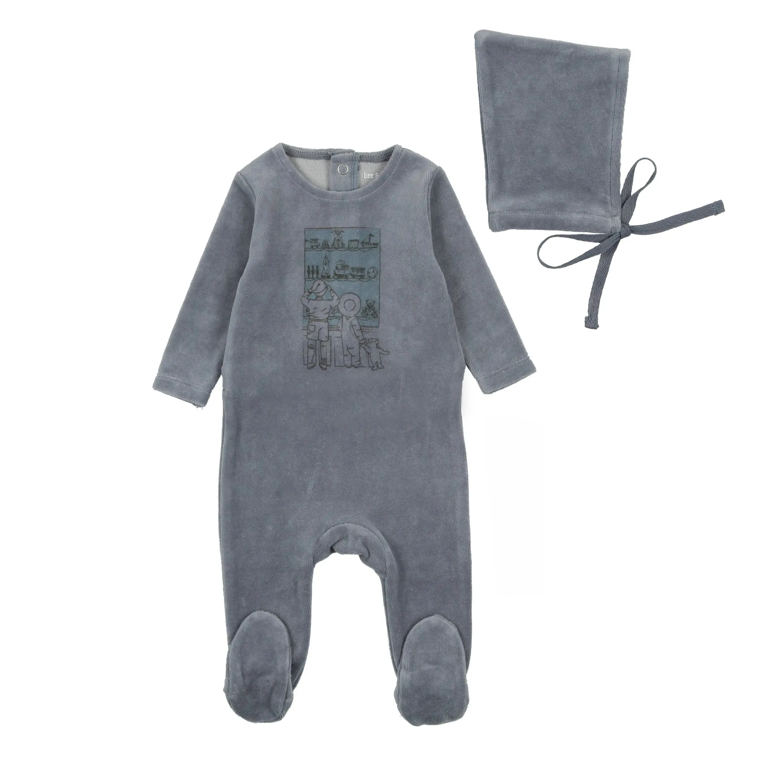 Bee & Dee Storm Blue Velour Window Footie   Bonnet