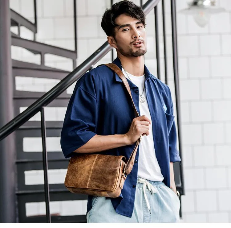 Camel Leather Mens Small Side Bag Small Messenger Bags Postman Bag Courier Bag for Men