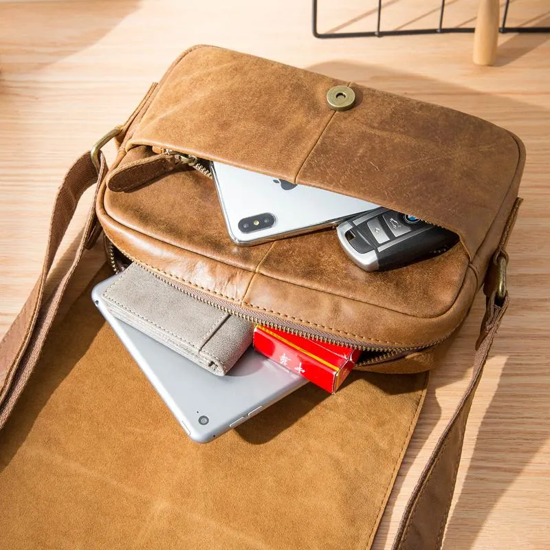 Camel Leather Mens Small Side Bag Small Messenger Bags Postman Bag Courier Bag for Men