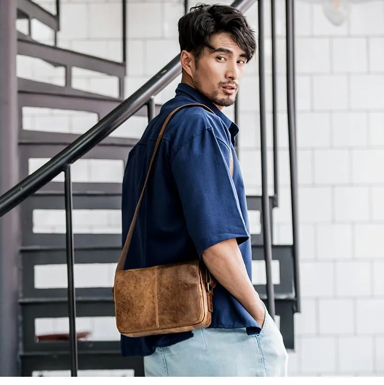 Camel Leather Mens Small Side Bag Small Messenger Bags Postman Bag Courier Bag for Men