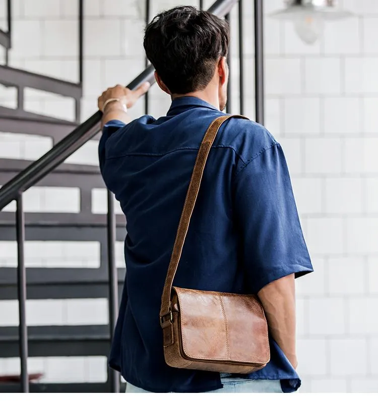 Camel Leather Mens Small Side Bag Small Messenger Bags Postman Bag Courier Bag for Men