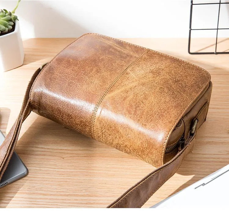 Camel Leather Mens Small Side Bag Small Messenger Bags Postman Bag Courier Bag for Men