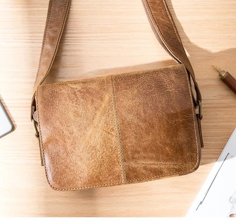 Camel Leather Mens Small Side Bag Small Messenger Bags Postman Bag Courier Bag for Men