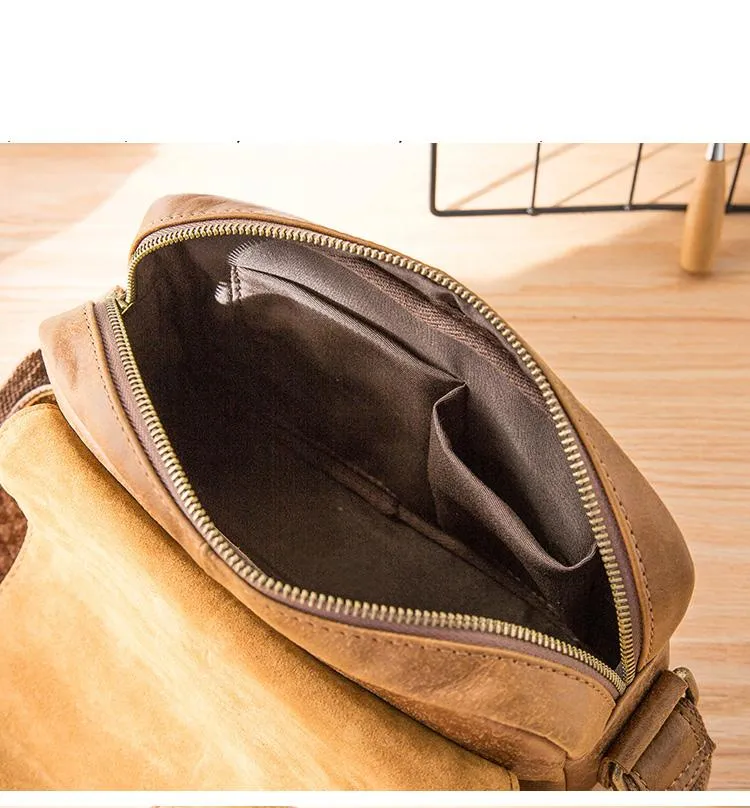 Camel Leather Mens Small Side Bag Small Messenger Bags Postman Bag Courier Bag for Men