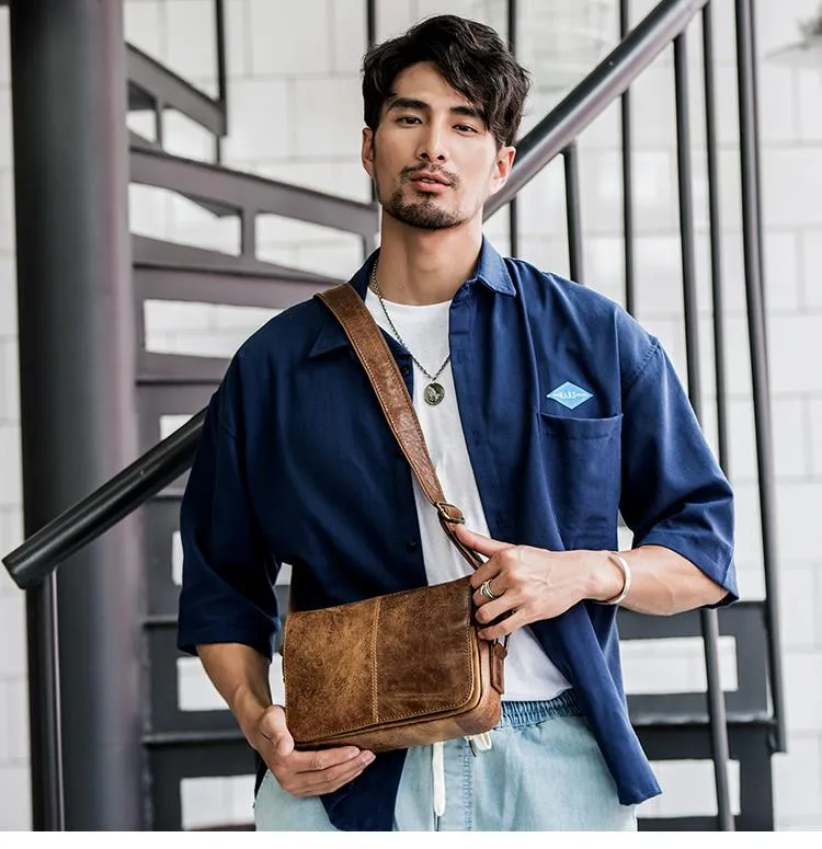 Camel Leather Mens Small Side Bag Small Messenger Bags Postman Bag Courier Bag for Men