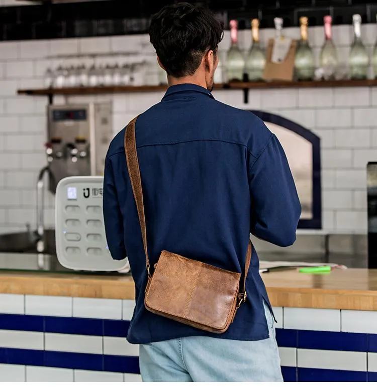 Camel Leather Mens Small Side Bag Small Messenger Bags Postman Bag Courier Bag for Men