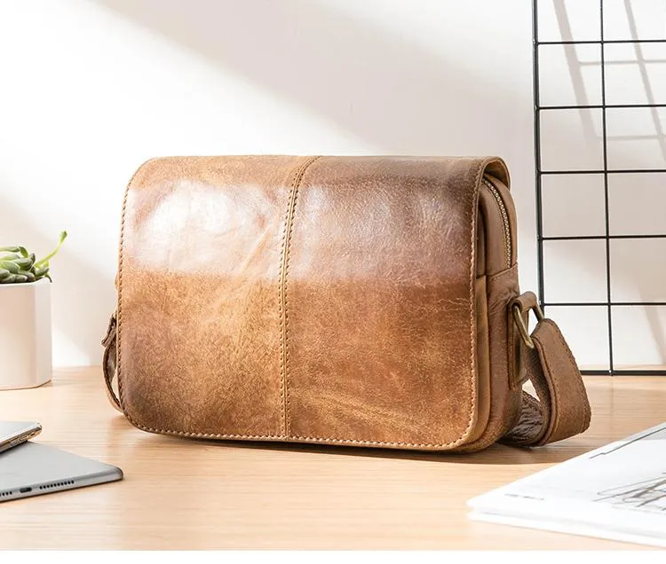 Camel Leather Mens Small Side Bag Small Messenger Bags Postman Bag Courier Bag for Men