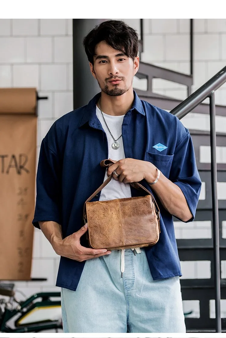 Camel Leather Mens Small Side Bag Small Messenger Bags Postman Bag Courier Bag for Men