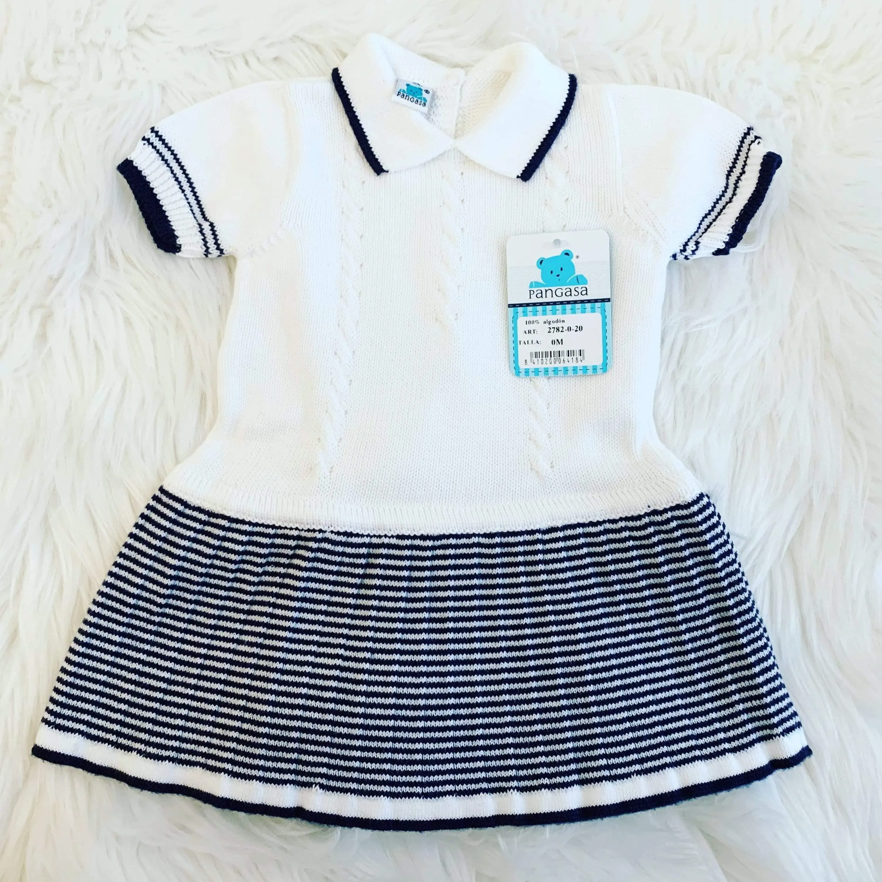CLEARANCE DEAL - Pangasa Baby - Baby Girls White & Navy Stripe Dress Newborn