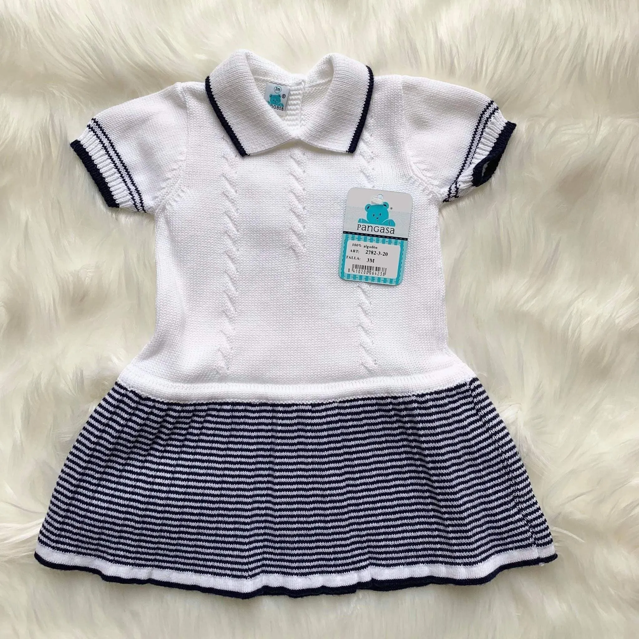 CLEARANCE DEAL - Pangasa Baby - Baby Girls White & Navy Stripe Dress Newborn