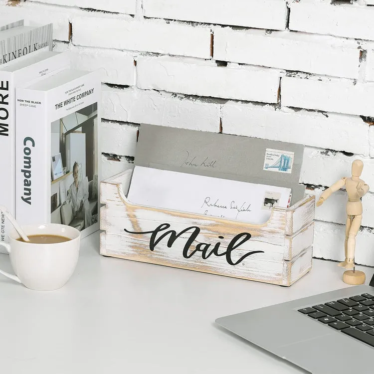 Crate Style Whitewashed Wood Mail Sorter Organizer Box with Cursive Writing "Mail" Label