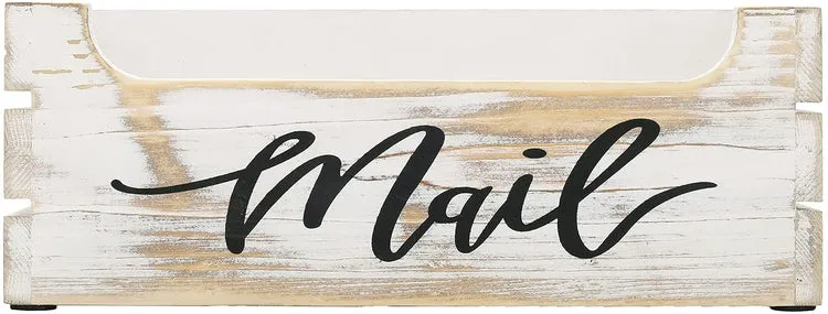 Crate Style Whitewashed Wood Mail Sorter Organizer Box with Cursive Writing "Mail" Label