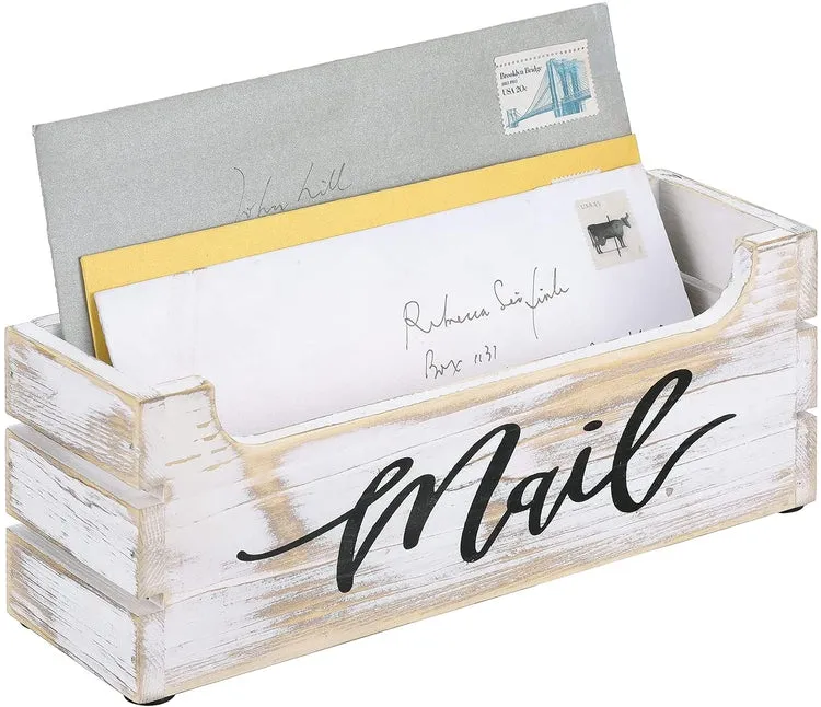 Crate Style Whitewashed Wood Mail Sorter Organizer Box with Cursive Writing "Mail" Label