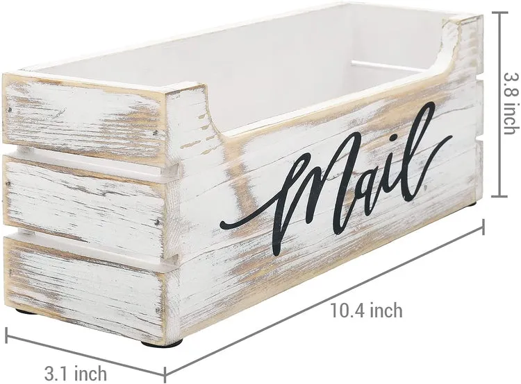 Crate Style Whitewashed Wood Mail Sorter Organizer Box with Cursive Writing "Mail" Label