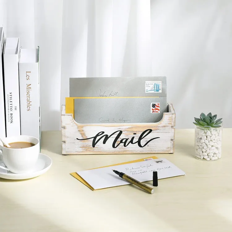 Crate Style Whitewashed Wood Mail Sorter Organizer Box with Cursive Writing "Mail" Label