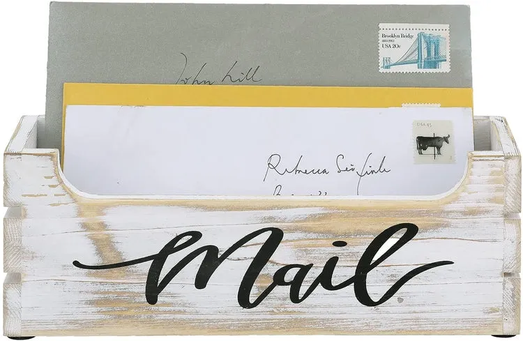 Crate Style Whitewashed Wood Mail Sorter Organizer Box with Cursive Writing "Mail" Label