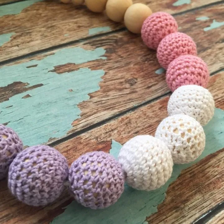 Crochet and Wood Bead Nursing Necklace - Pink/White/Lavender