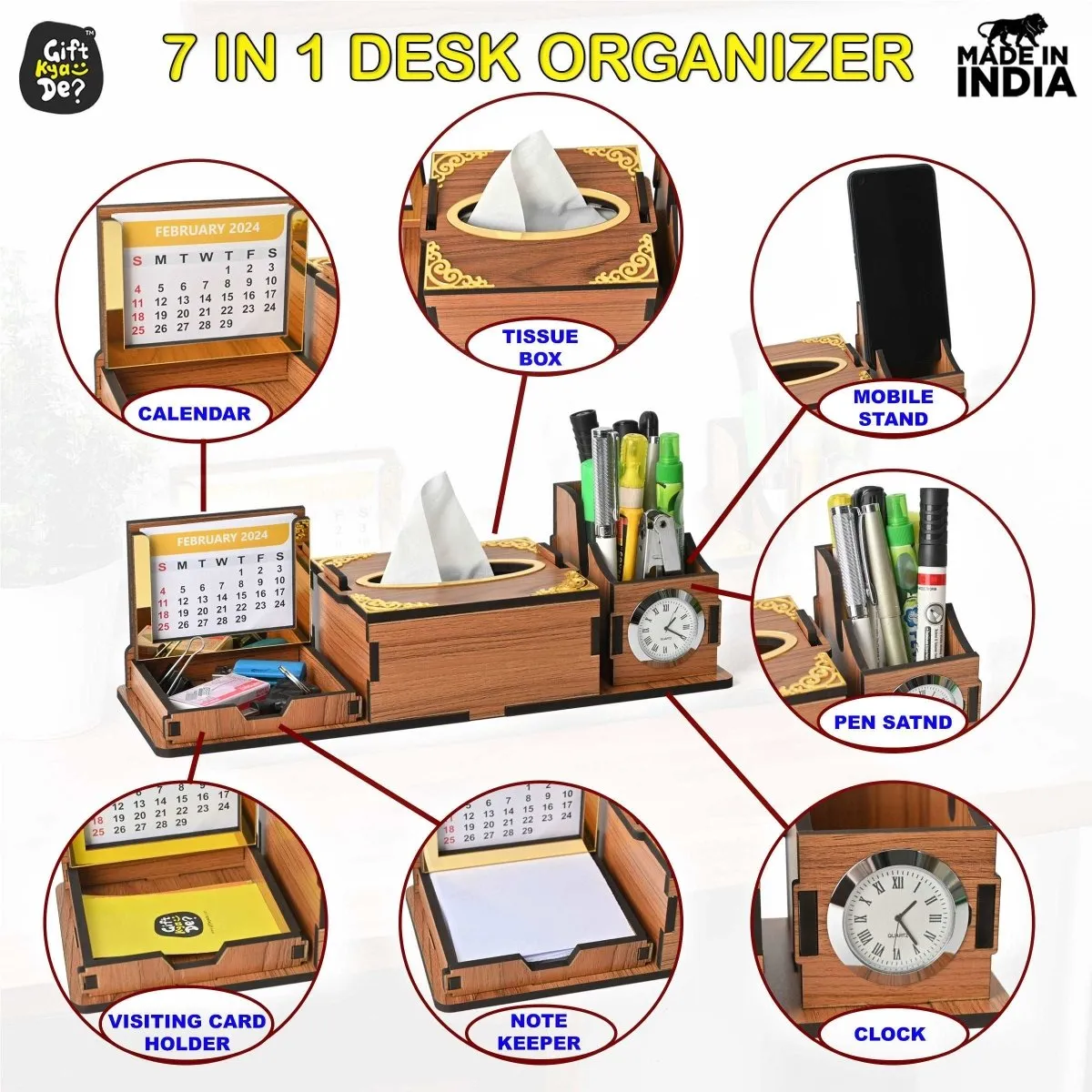 Desk Organizer With Clock and Calendar 2025 | Calendar With Tissue Box Holder | Free Tissue Paper Refill Pack (Ecofriendly)