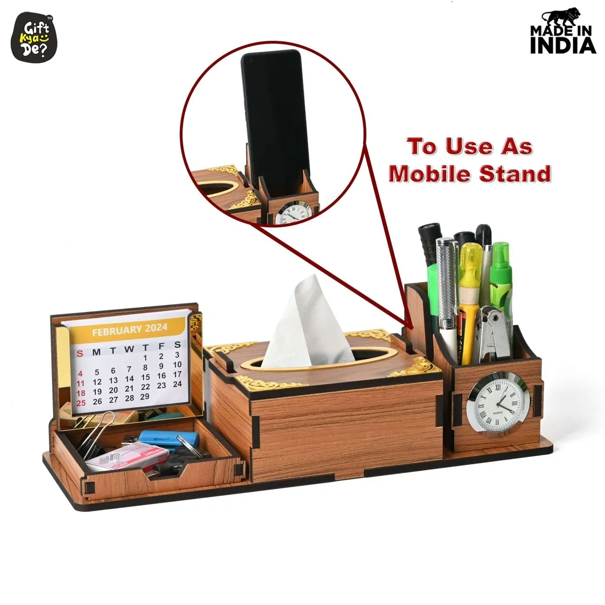 Desk Organizer With Clock and Calendar 2025 | Calendar With Tissue Box Holder | Free Tissue Paper Refill Pack (Ecofriendly)