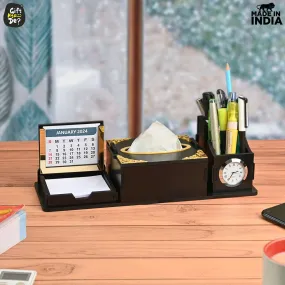 Desk Organizer With Clock and Calendar 2025 | Calendar With Tissue Box Holder | Free Tissue Paper Refill Pack (Ecofriendly)