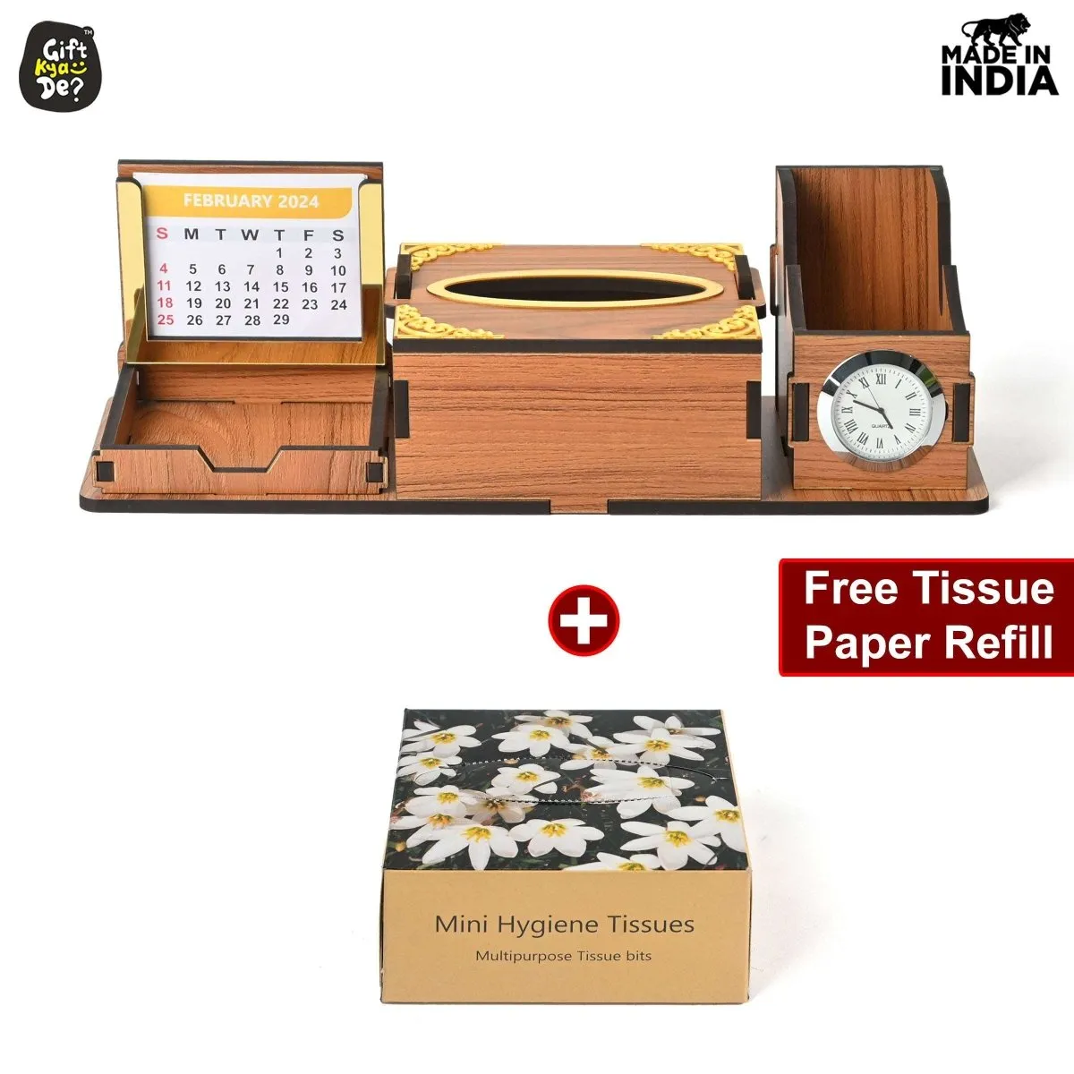 Desk Organizer With Clock and Calendar 2025 | Calendar With Tissue Box Holder | Free Tissue Paper Refill Pack (Ecofriendly)