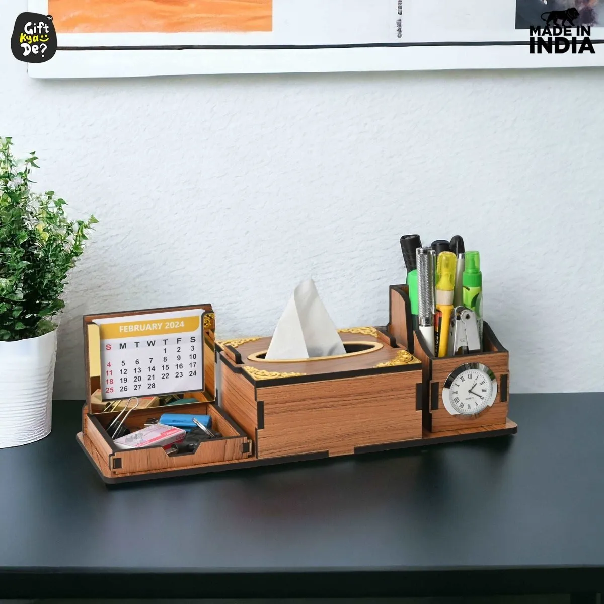 Desk Organizer With Clock and Calendar 2025 | Calendar With Tissue Box Holder | Free Tissue Paper Refill Pack (Ecofriendly)