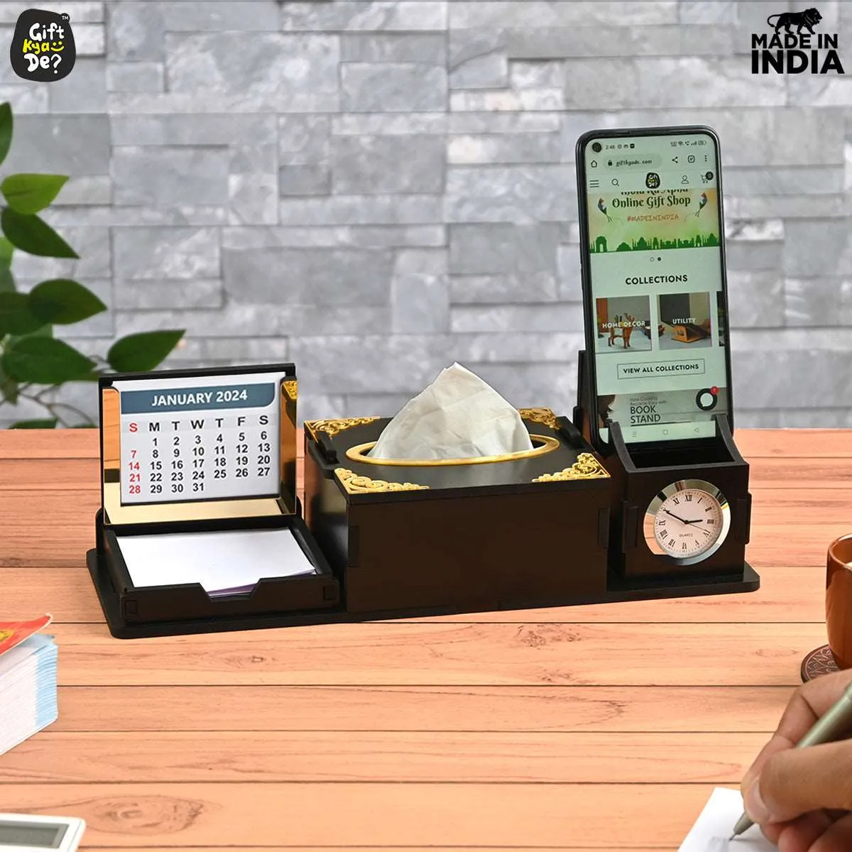 Desk Organizer With Clock and Calendar 2025 | Calendar With Tissue Box Holder | Free Tissue Paper Refill Pack (Ecofriendly)