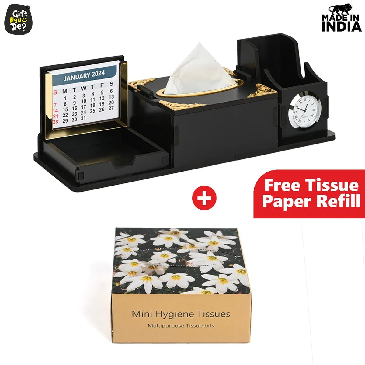 Desk Organizer With Clock and Calendar 2025 | Calendar With Tissue Box Holder | Free Tissue Paper Refill Pack (Ecofriendly)