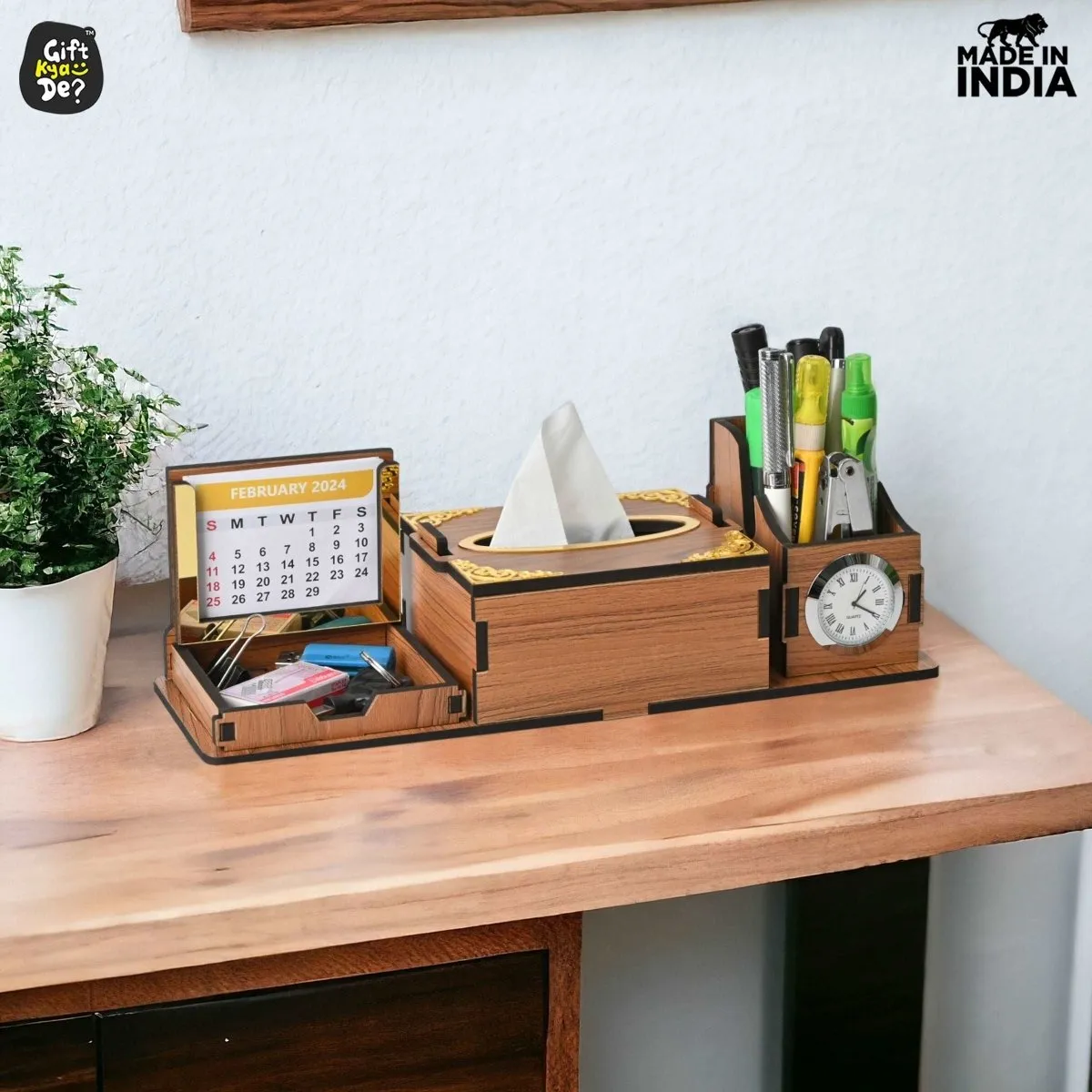 Desk Organizer With Clock and Calendar 2025 | Calendar With Tissue Box Holder | Free Tissue Paper Refill Pack (Ecofriendly)