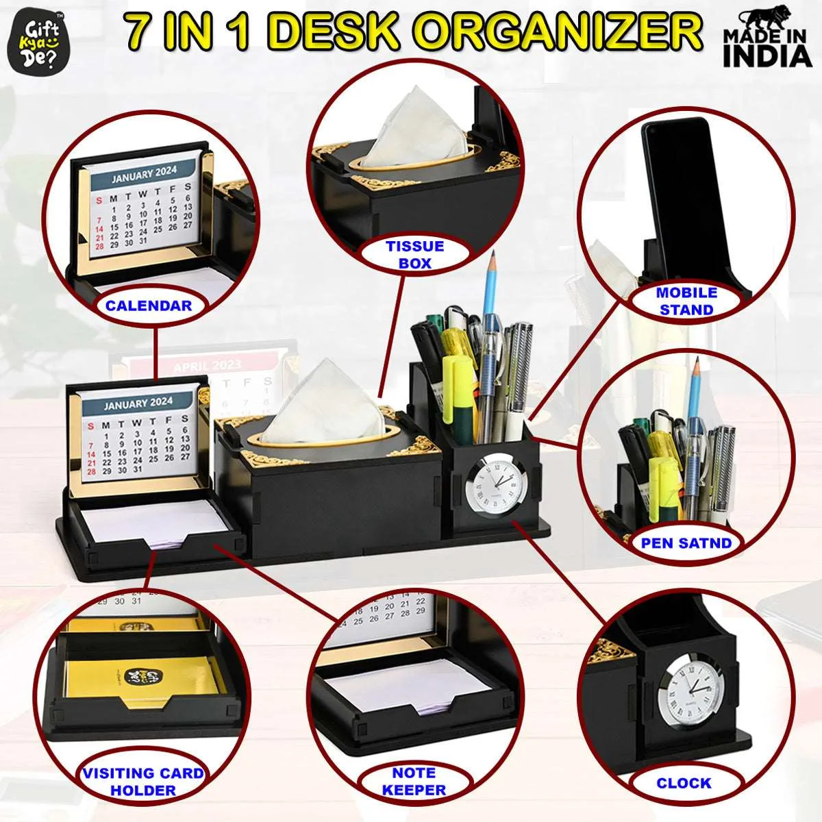 Desk Organizer With Clock and Calendar 2025 | Calendar With Tissue Box Holder | Free Tissue Paper Refill Pack (Ecofriendly)