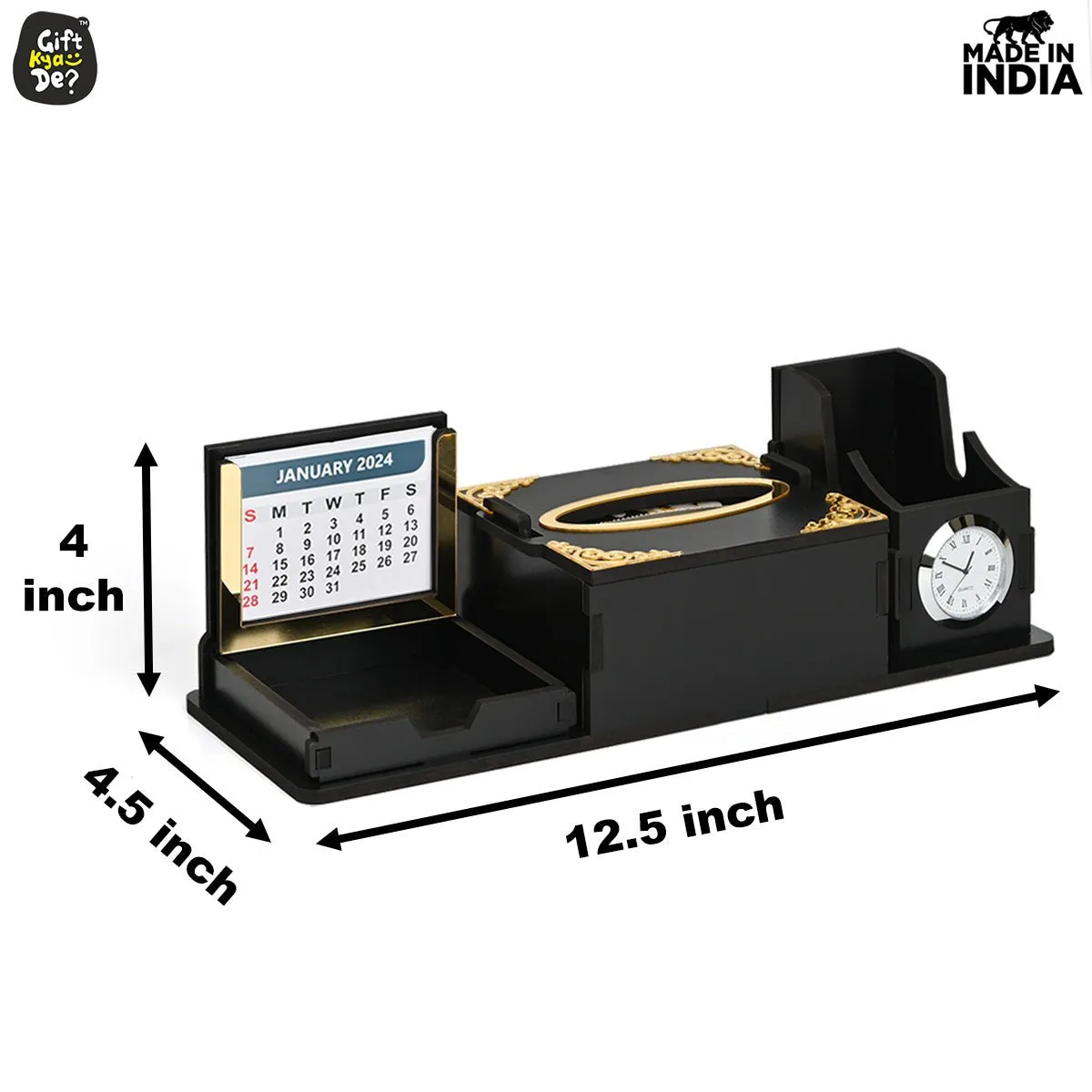 Desk Organizer With Clock and Calendar 2025 | Calendar With Tissue Box Holder | Free Tissue Paper Refill Pack (Ecofriendly)