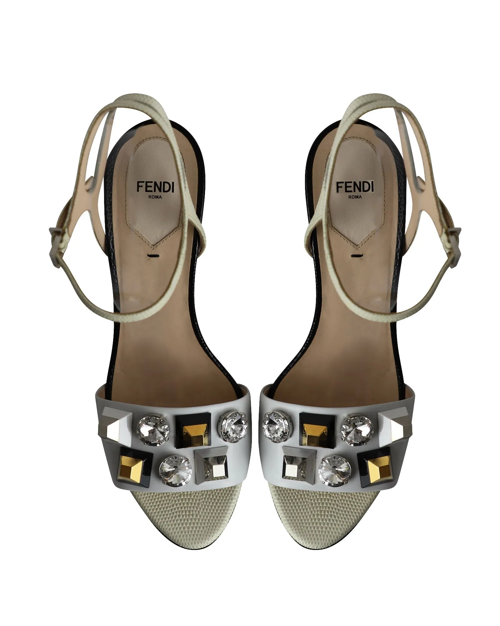 Fendi Crystal Embellished Open Toe Sandals in White Leather