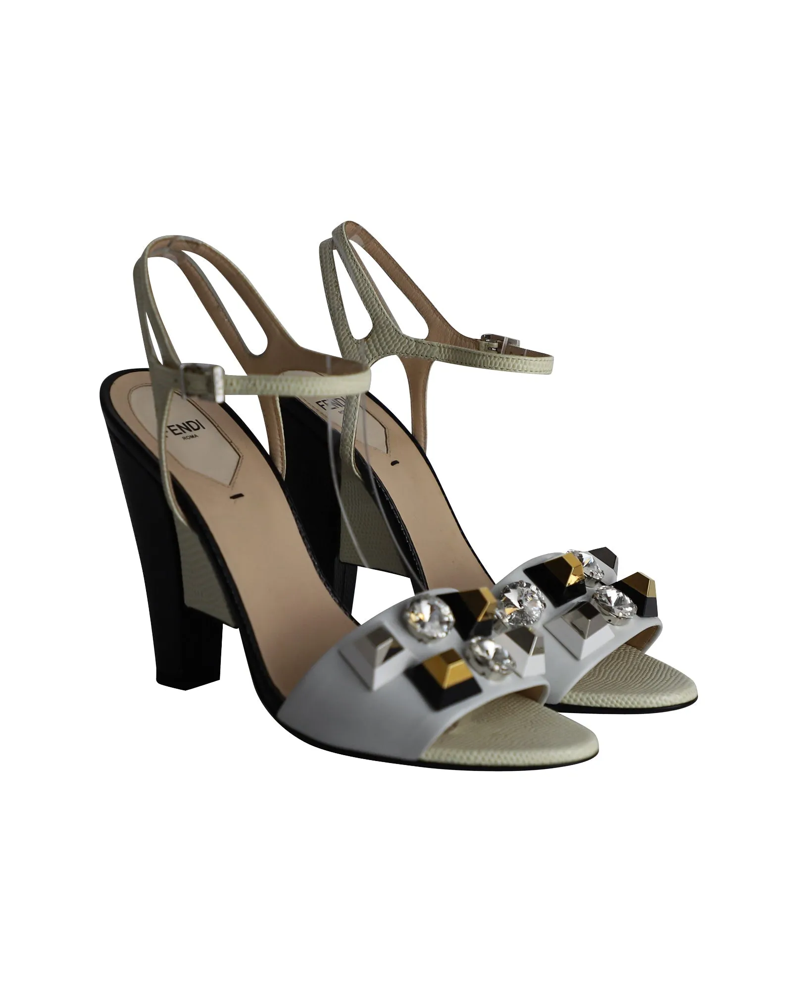 Fendi Crystal Embellished Open Toe Sandals in White Leather