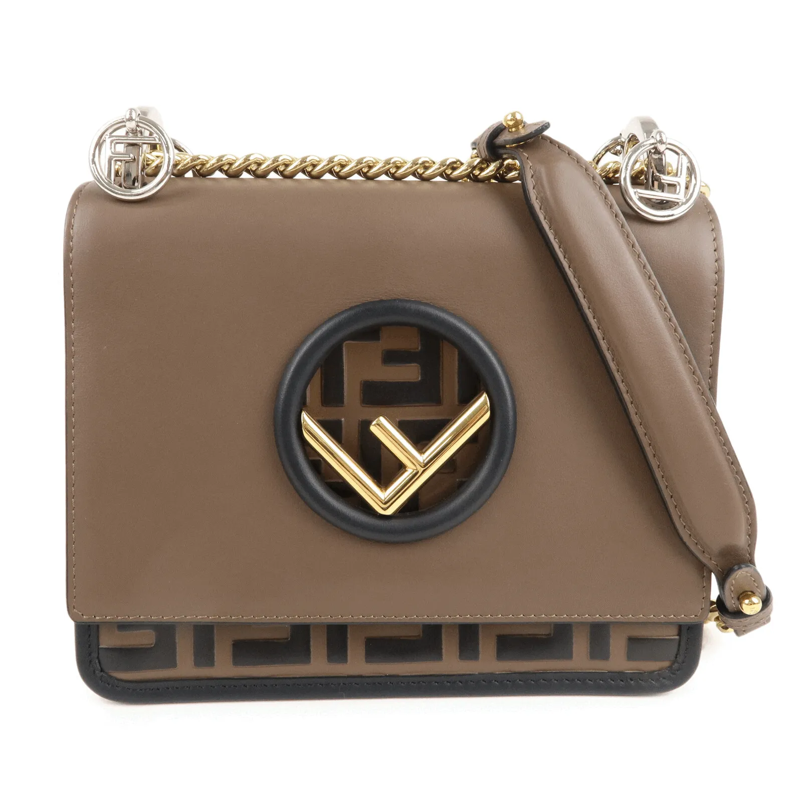 FENDI Mini Kan I F Leather Chain Shoulder Bag Black Brown 8BT286