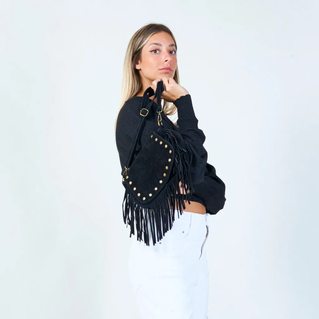 Fringe crossbody bag with studded details wholesale