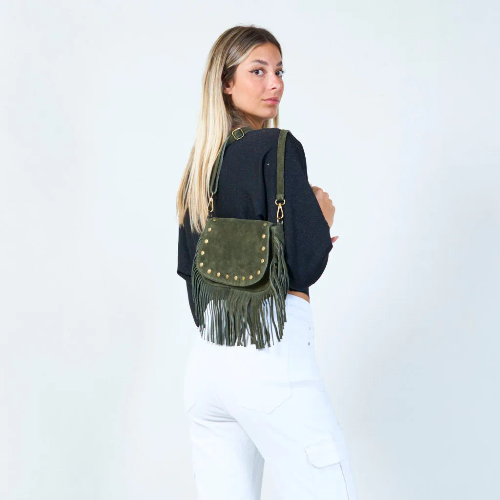 Fringe crossbody bag with studded details wholesale